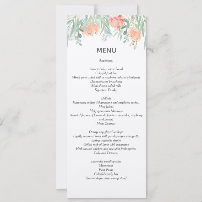 Invitación menú acuarela crema melocotón. papelería de boda (Anverso)