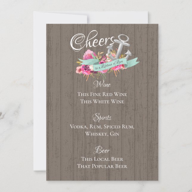 Invitación Menú Anchor de barra floral náutica (Anverso)