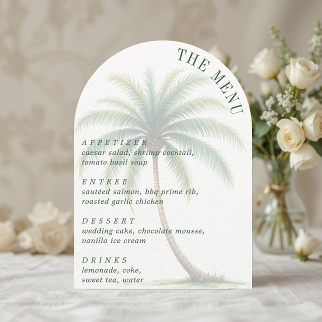 Invitación Menú Arqueado de Isla Tropical de Palma Acuarela (Palm Tree Tropical Island Watercolor Arched Menu Invitation
)