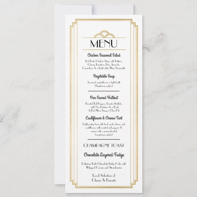 Invitación Menú Art Deco Dorado Blanco Recepción de Boda (Anverso)