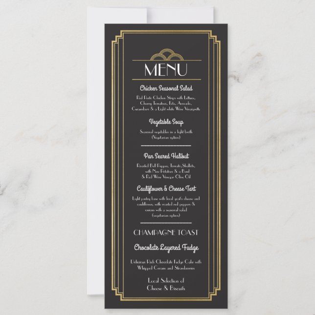 Invitación Menú Art Deco Dorado Negro Recepción de Boda (Anverso)