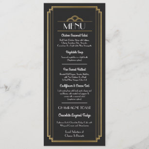 Invitación Menú Art Deco Dorado Negro Recepción de Boda