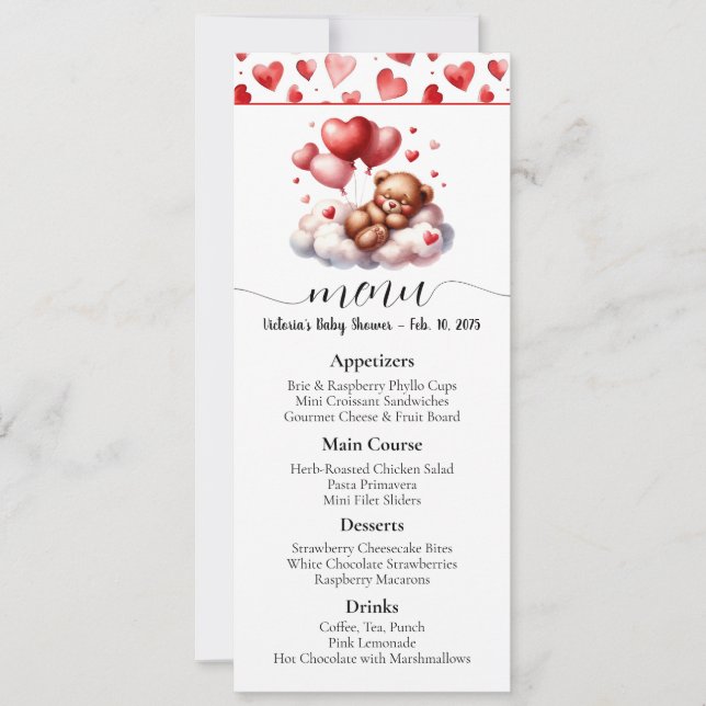 Invitación Menú Baby Shower de San Valentín Oso (Anverso)
