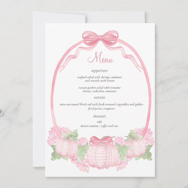 Invitación Menú Baby Shower Pink Gingham Pumpkin (Anverso)