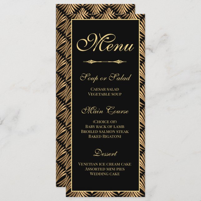 Invitación Menú Boda Art Deco Gold Black Great Gatsby (Anverso / Reverso)