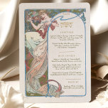 Invitación Menú Boda Art Nouveau Cena de Mucha<br><div class="desc">Añade un toque de elegancia y sofisticación a tu recepción nupcial con este menú Boda de estilo Art Nouveau. La acuarela de arte cuenta con una de las Musas de Mucha que sostiene una copa de champán, lo que crea una sensación de lujo y celebración. El estilo Art Nouveau se...</div>