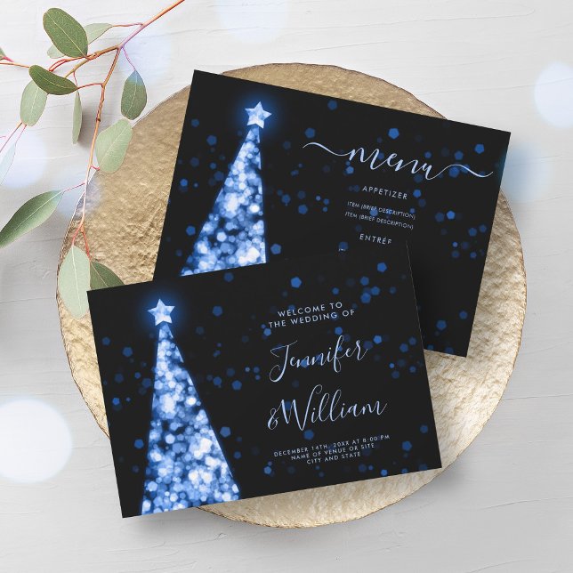 Invitación Menú Boda azul de la Marina de Navidad (Festive Xmas Tree Navy Blue Wedding Menu Invitation)