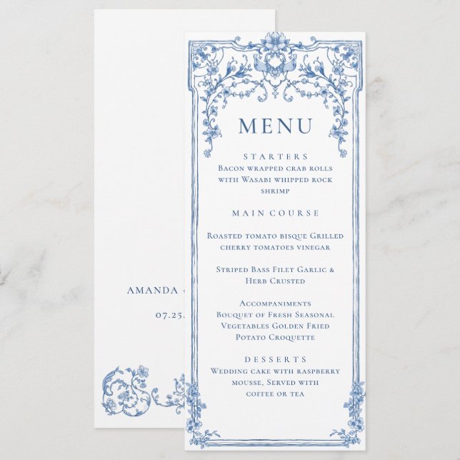Invitación Menú Boda azul floral de Grace Ornate Victoriana (Anverso / Reverso)
