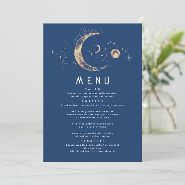 Invitación Menú Boda Celestial Starry Night Moon (Anverso de pie)