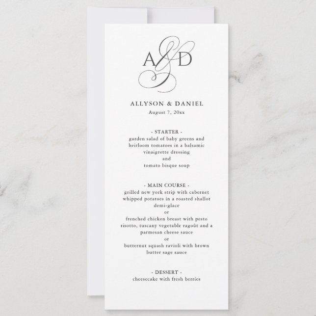 Invitación Menú Boda clásico con guión elegante Monograma (Anverso)