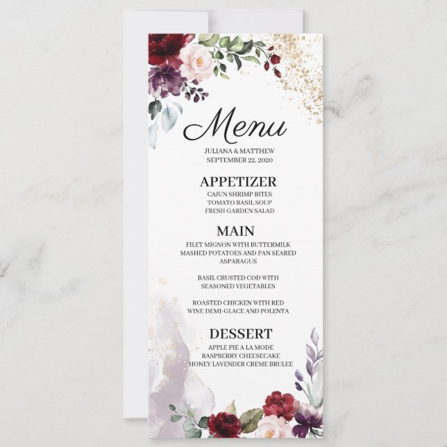 Invitación Menú Boda con flores de Borgoña (Anverso)