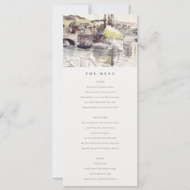Invitación Menú Boda de acuarela Country Bridge Riverside (Anverso)