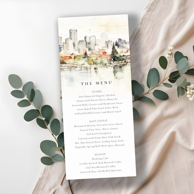 Invitación Menú Boda de acuarela del Skyline de Portland Oreg (Subido por el creador)