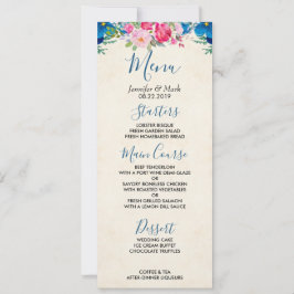Invitación Menú Boda de borde de flor rosa y azul bonito