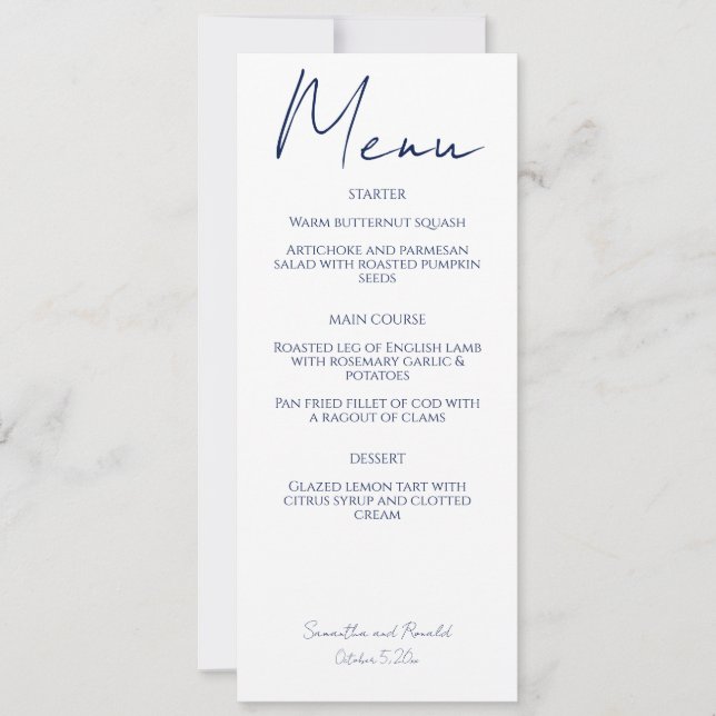 Invitación Menú Boda de caligrafía Minimalista moderna blanca (Anverso)