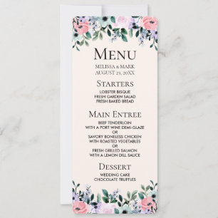 Invitación Menú Boda de color rosa morado y verde floral
