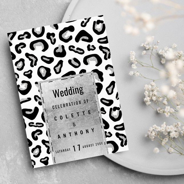 Invitación Menú Boda de impresión animal purpurina de plata n (Black silver glitter animal print Wedding Menu)