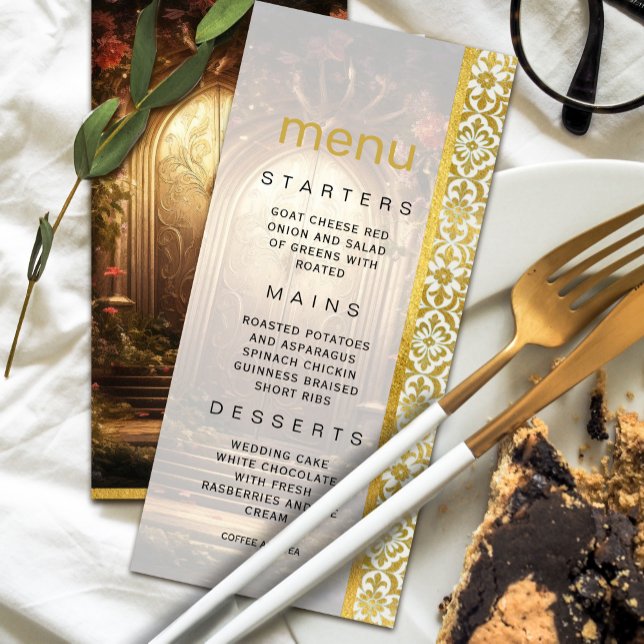 Invitación Menú Boda de la Puerta del Jardín encantado (Enchanted Garden Gate Wedding Menu Invitation #weddingdinner #dreamymenuinvitation #luxurygold)