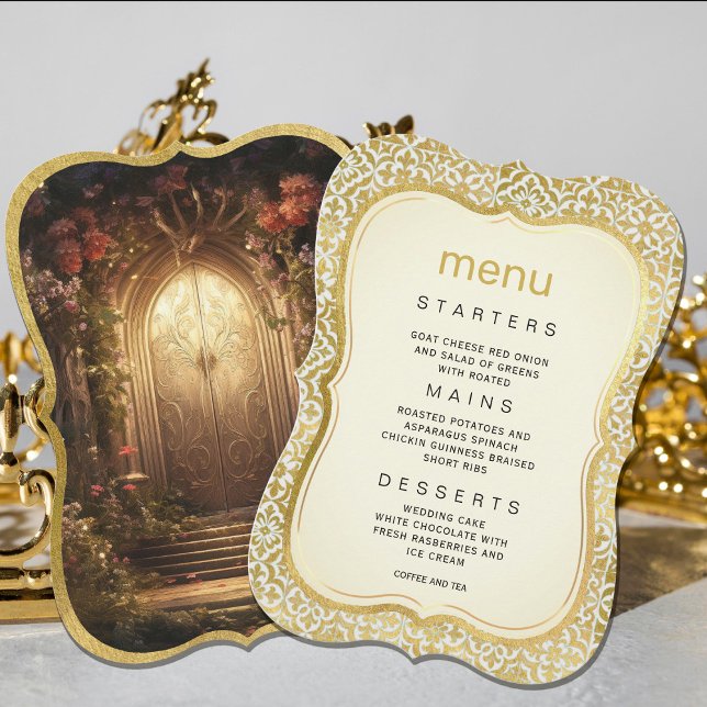 Invitación Menú Boda de la Puerta del Jardín encantado (Enchanted Garden Gate Wedding Menu Invitation #zazzlemade #romanticinvitation #weddingdinner #royal)