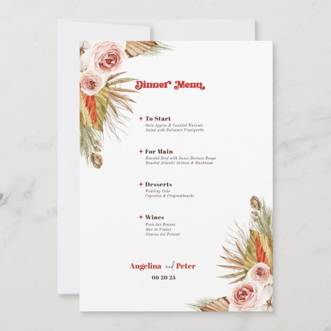 Invitación Menú Boda de las flores del desierto de Safari Boh (Anverso)