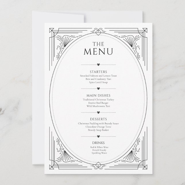 Invitación Menú boda de marco clásico blanco y negro (Anverso)