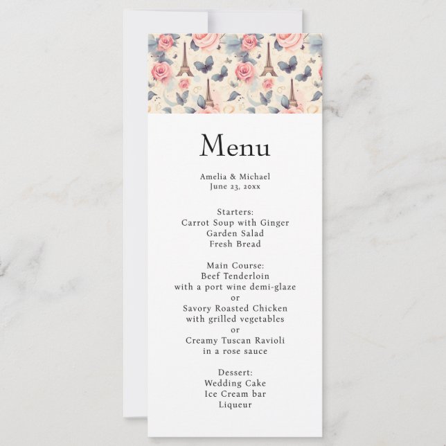 Invitación Menú Boda de mariposas y Rosas de la Torre Eiffel (Anverso)