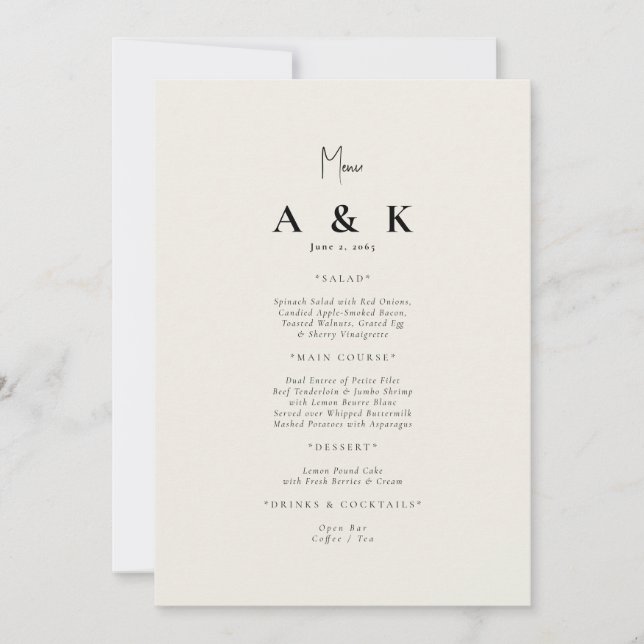 Invitación Menú Boda de monograma moderno beige (Anverso)