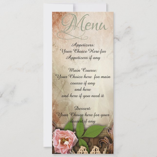 Invitación Menú Boda de rosas rosadas de época (Anverso)