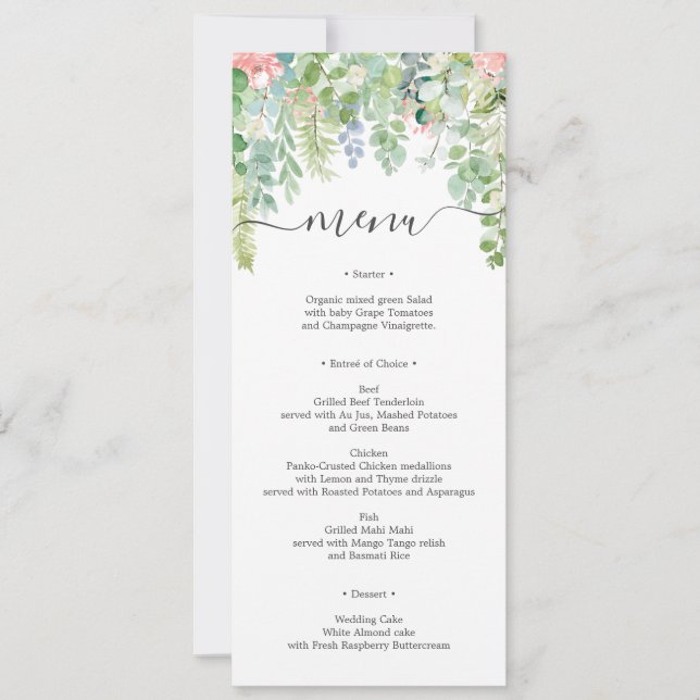 Invitación Menú Boda de vegetación suave o ducha de novia (Anverso)