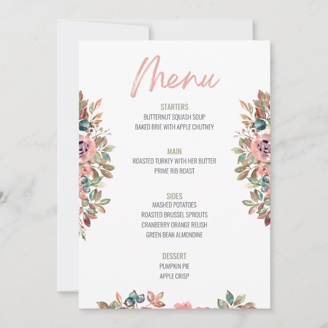 Invitación Menú Boda del menú Floral de Acción de Gracias (Anverso)