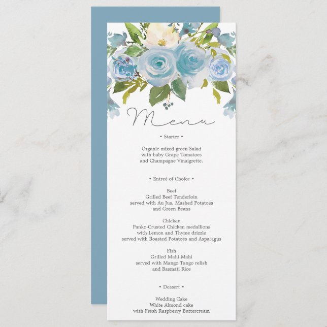 Invitación Menú Boda Dusty Blue Floral o Menú de ducha (Anverso / Reverso)