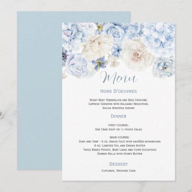 Invitación Menú Boda floral azul pálido y blanco (Anverso / Reverso)