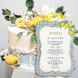 Invitación Menú Boda mediterráneo de azulejos y limón azul