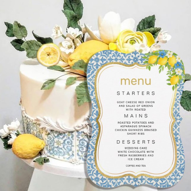 Invitación Menú Boda mediterráneo de azulejos y limón azul (Mediterranean Lemon & Blue Tile Wedding Menu Invitation #zazzlemade #yellowandbluemenu #dinnerinvita)
