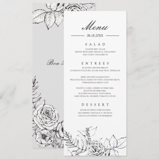 Invitación Menú Boda moderno de dibujo de líneas florales (Anverso / Reverso)