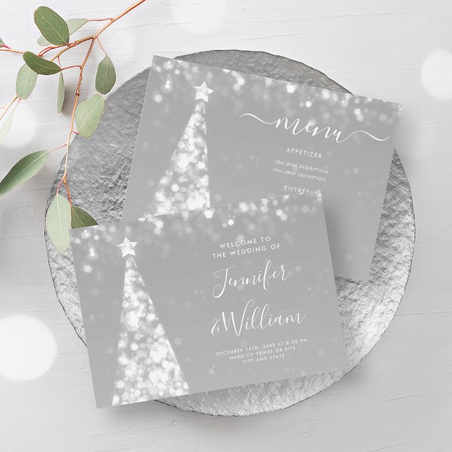 Invitación Menú Boda plateado de árbol de navidad festivo (Festive Xmas Tree Silver Wedding Menu Invitation)