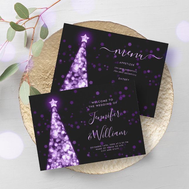 Invitación Menú Boda púrpura de árbol de navidad festivo (Festive Xmas Tree Purple Wedding Menu Invitation)