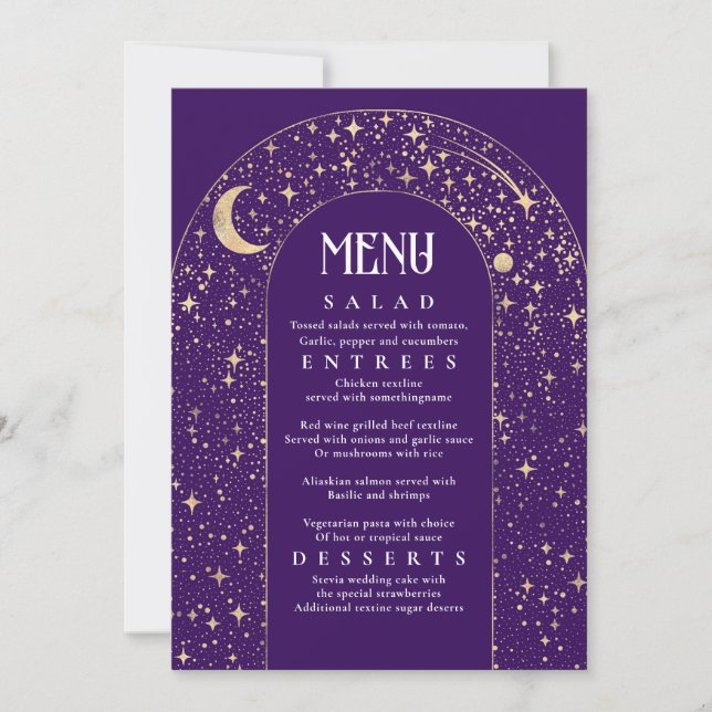 Invitación Menú Boda púrpura de Celestial Night Sky Stars Arc (Anverso)