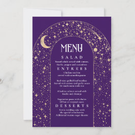 Invitación Menú Boda púrpura de Celestial Night Sky Stars Arc