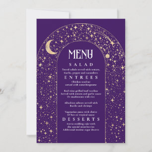 Invitación Menú Boda púrpura de Celestial Night Sky Stars Arc