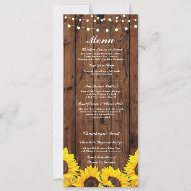 Invitación Menú Boda Recepción Flores de Madera Rústica (Anverso)