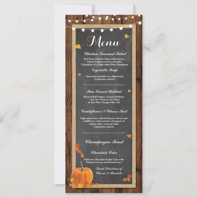 Invitación Menú Boda Recepción Rústico Madera Calabaza Otoño (Anverso)
