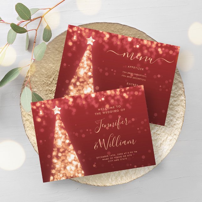 Invitación Menú Boda Rojo Oro de árbol de navidad festivo (Festive Xmas Tree Gold Red Wedding Menu Invitation)