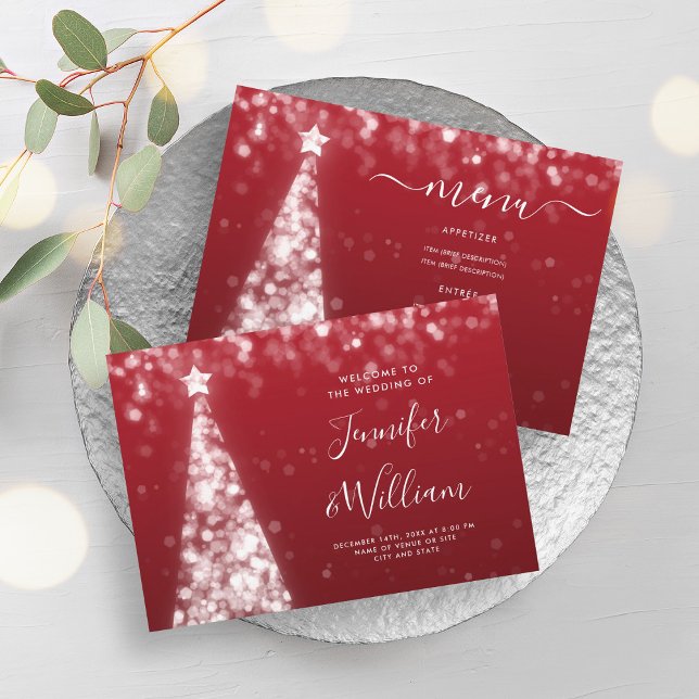 Invitación Menú Boda rojo plateado de árbol de navidad festiv (Festive Xmas Tree Silver Red Wedding Menu Invitation)