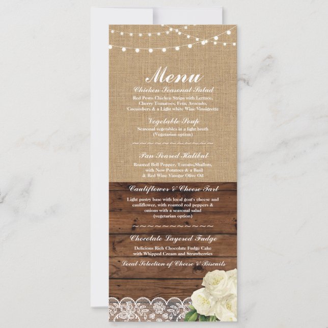 Invitación Menú Boda Rosa de recepción Burlap Wood Lace (Anverso)