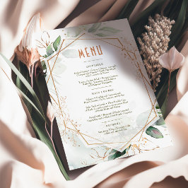 Invitación Menú Boda Verde y Dorado Geométrico