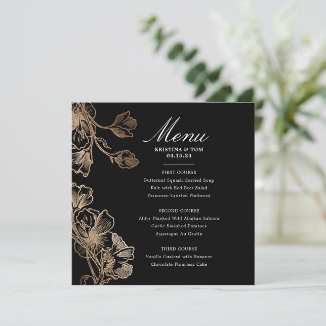 Invitación Menú Boda Vines de flores doradas (Anverso de pie)