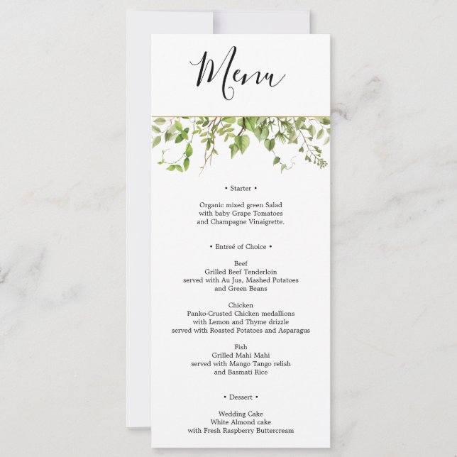 Invitación Menú Boda Woodland Greenery o ducha nupcial (Anverso)