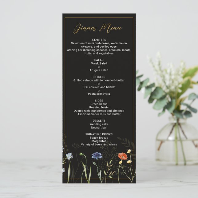 Invitación Menú Botánico Boho Flor Silvestre Malhumorado (Anverso de pie)