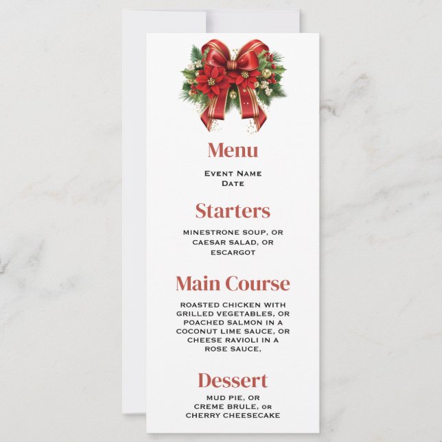 Invitación Menú "Bow" de Navidades rojos y dorados festivos (Anverso)
